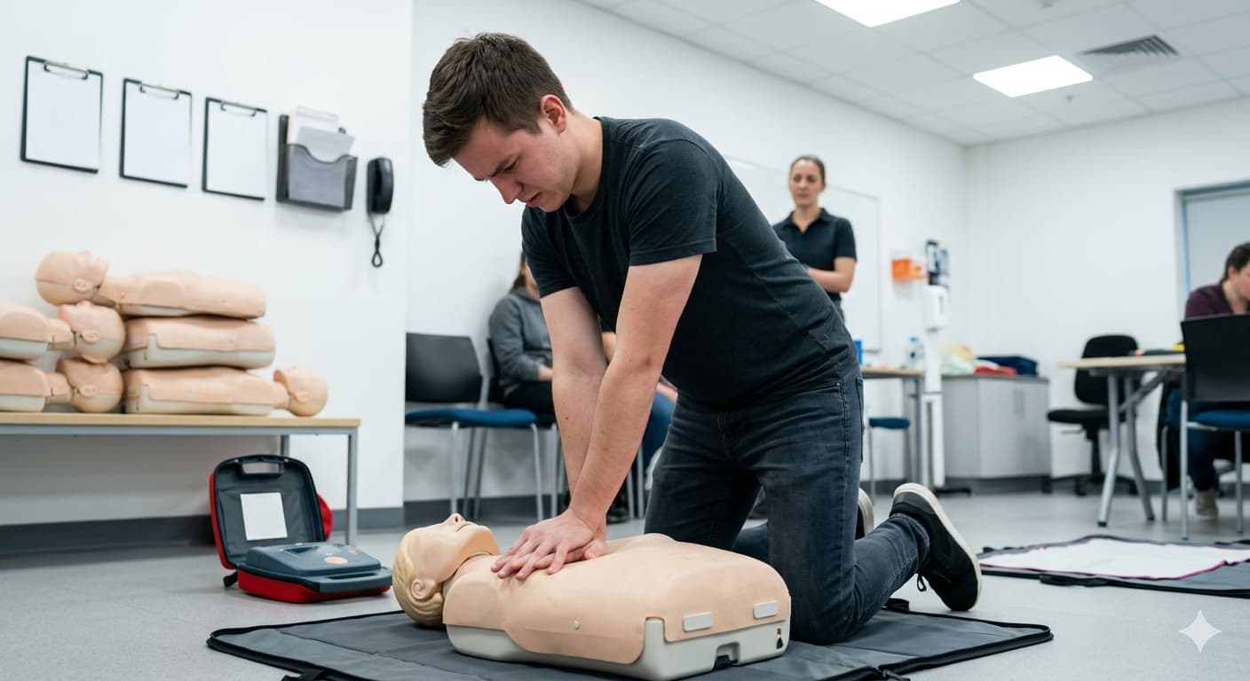 Técnica de compresiones RCP con postura correcta y maniquí de entrenamiento