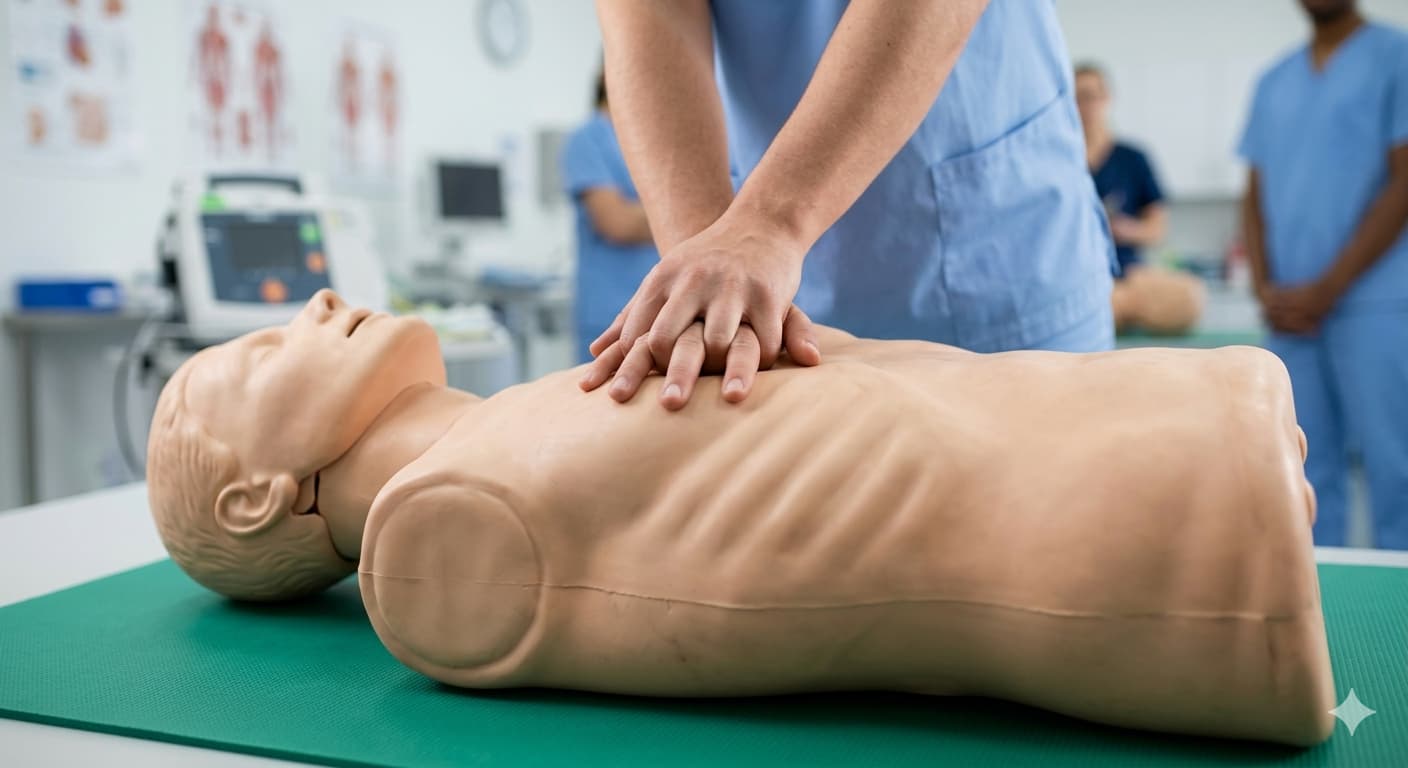 Compresiones torácicas correctas en maniquí durante entrenamiento RCP