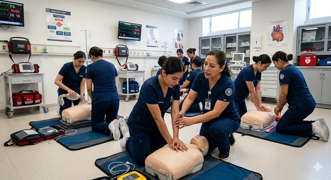 Entrenamiento grupal de RCP con instructor y maniquíes en Centro HEART