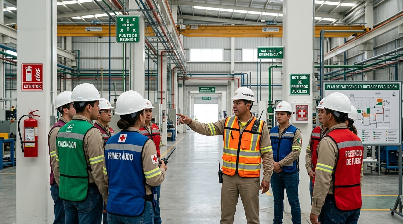 Coordinador de brigadas dirige una respuesta organizada ante una emergencia dentro de una planta industrial