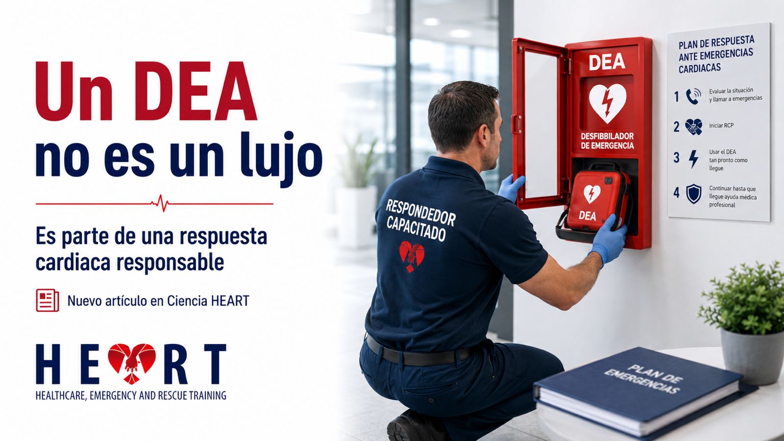 Respondedor capacitado utiliza un DEA durante una emergencia cardiaca en un gimnasio, como ejemplo de espacio cardioprotegido