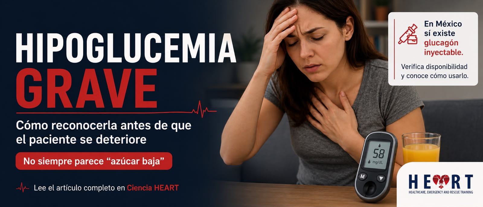 Imagen educativa de HEART sobre hipoglucemia grave, glucosa baja y signos de deterioro neurológico