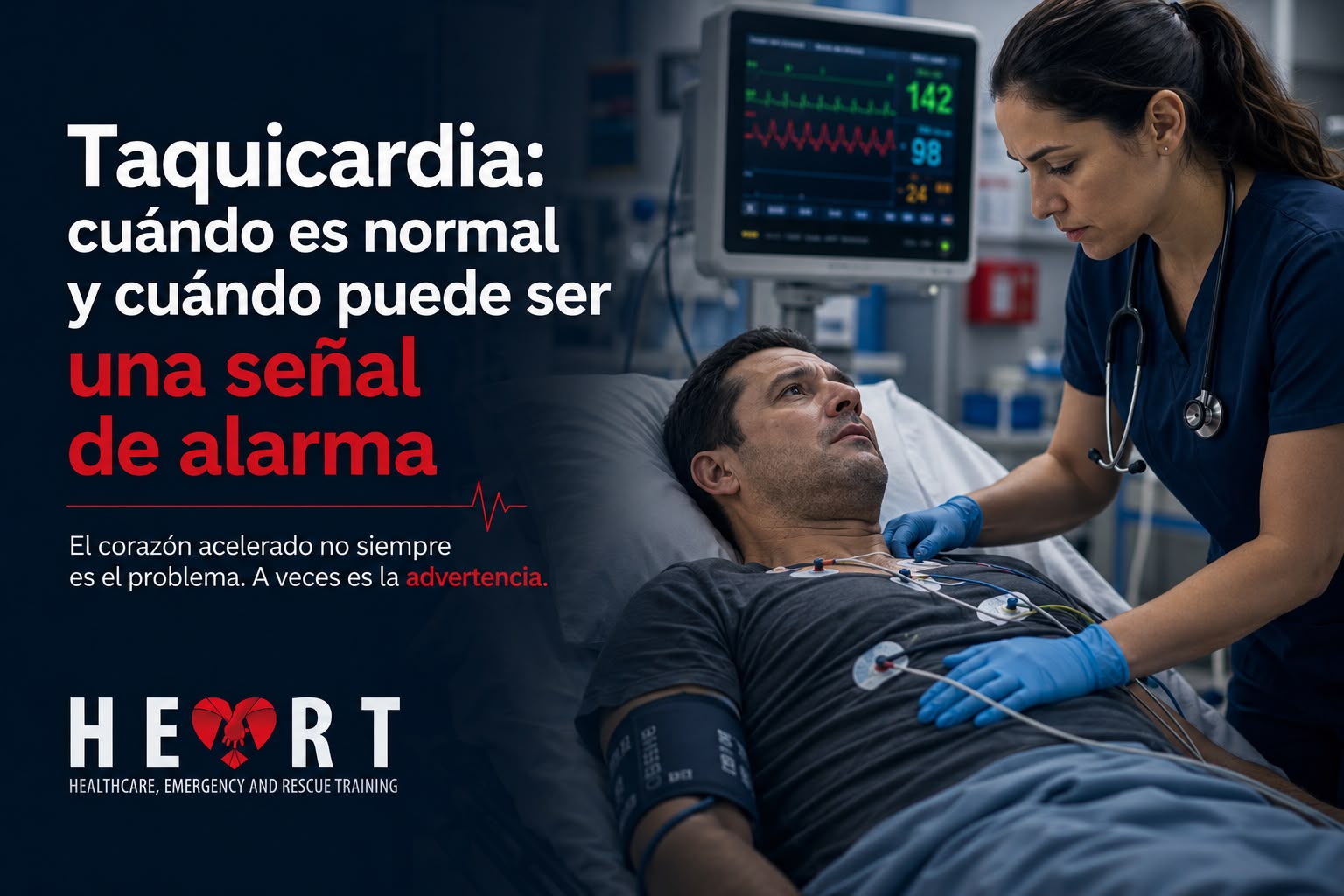Profesional de salud evaluando a un paciente con taquicardia y monitorización cardiaca en un servicio de urgencias