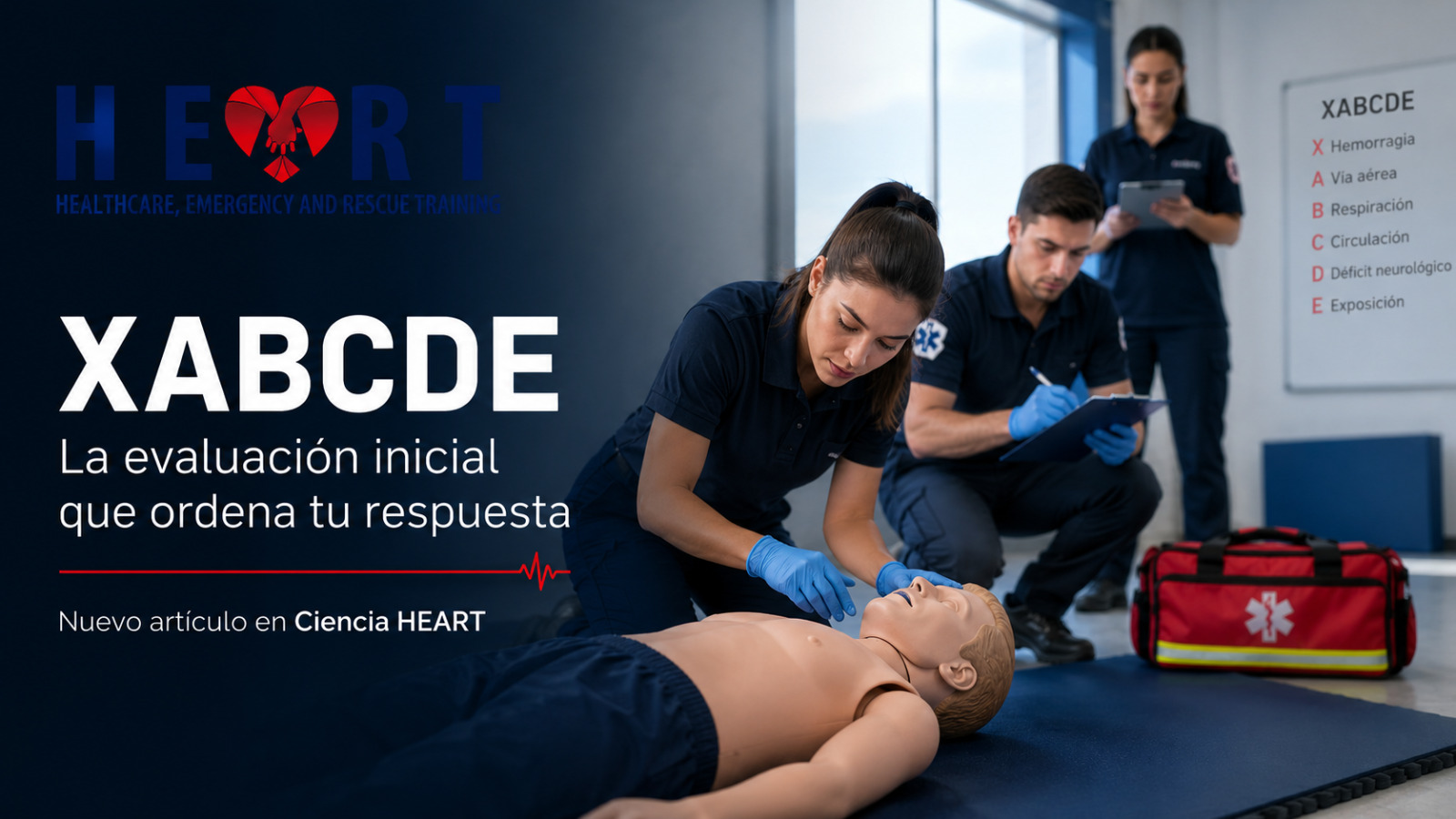 Imagen promocional de HEART sobre XABCDE como guía para actuar ante una persona lesionada o gravemente enferma